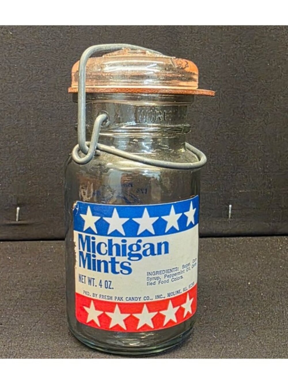 Vintage Advertising 4oz Michigan Mints Candy Jar with Wire Closure Bicentennial